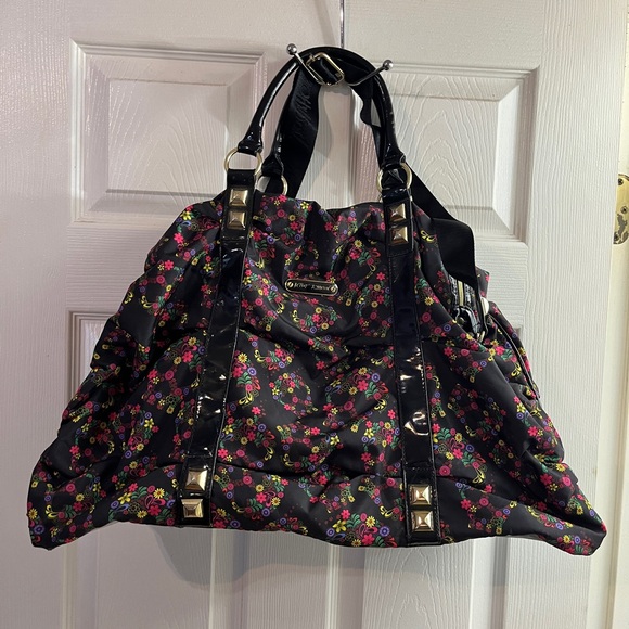 RARE HTF BETSEY JOHNSON HUGE COLORFUL ditsy paisley floral skull studded duffle - Picture 7 of 15